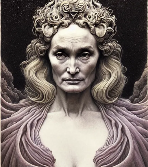 Prompt: detailed realistic beautiful jessica lange as queen of jupiter face portrait by jean delville, gustave dore and marco mazzoni, art nouveau, symbolist, visionary, gothic, pre - raphaelite. horizontal symmetry by zdzisław beksinski, iris van herpen, raymond swanland and alphonse mucha. highly detailed, hyper - real, beautiful