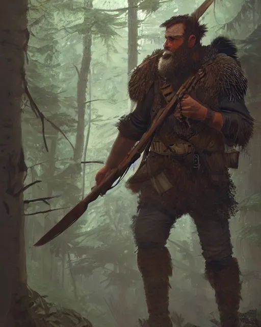 Prompt: a beautiful action portrait of a grizzled DnD-ranger hunting in a forest, big-beard, face is brightly lit, by Greg Rutkowski and Raymond Swanland, Trending on Artstation, ultra realistic digital art