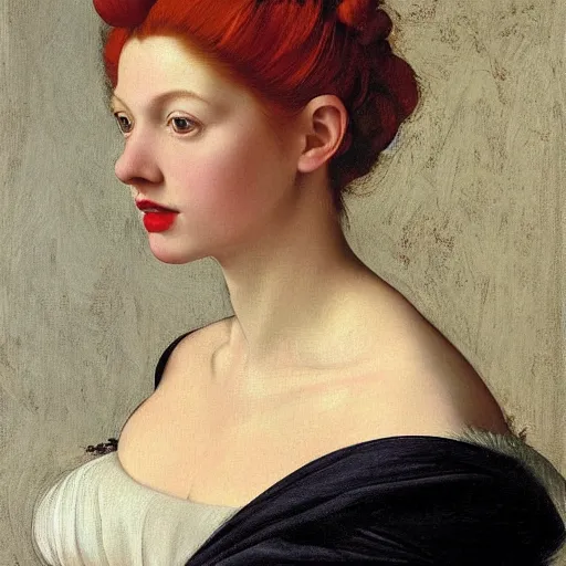 Image similar to a highly detailed portrait, red haired young woman, gorgeous dress with intricate details, long hair, green eyes, hint of freckles, round gentle face, cheeky smile with red lips, deep focus, smooth, sharp, golden ratio, elegant, digital painting by artemisia lomi gentileschi, caravaggio and artgerm