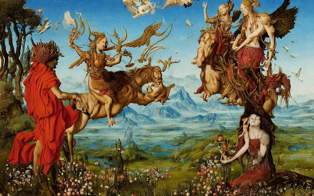 Image similar to a portrait photograph of a meditating harpy and a centaur king riding eagles and hugging animals at a river delta. surrounded by bulbous flowers, animals and trees. mountains range under a blue sky of burning stars. painted by jan van eyck, max ernst, ernst haeckel and ernst fuchs, cgsociety, artstation, fashion editorial, 8 k