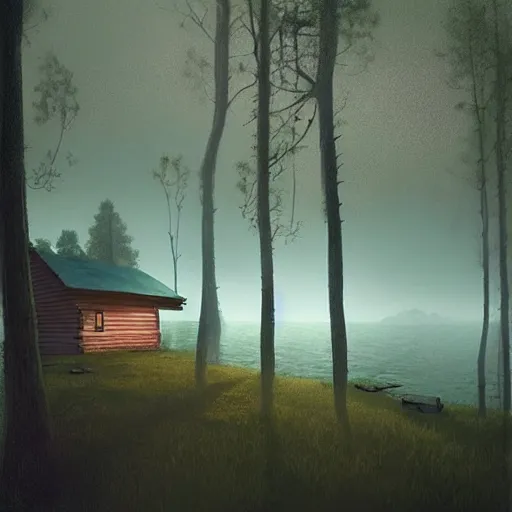 Prompt: “ swedish cabin in the forest next to the lake by simon stalenhag, misty morning, cinematic ”