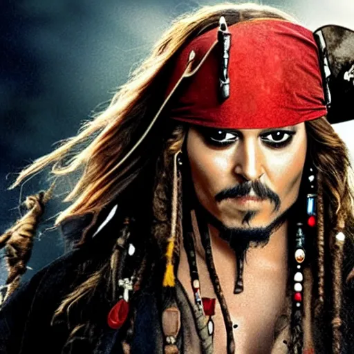 Image similar to Natalie Portman as Captain Jack Sparrow (Pirates of the Caribbean), dramatic cinematic portrait, rain