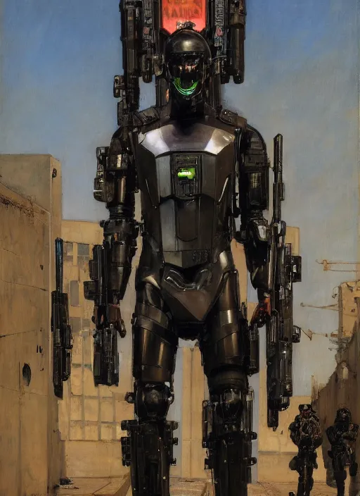 Image similar to Sgt Eliezer Grim. Menacing Cyberpunk policeman carrying machine pistols, wearing a combat vest and towering with robotic stilt legs. (dystopian, police state, Cyberpunk 2077, bladerunner 2049). Iranian orientalist portrait by john william waterhouse and Edwin Longsden Long and Theodore Ralli and Nasreddine Dinet, oil on canvas. Cinematic, vivid colors, hyper realism, realistic proportions, dramatic lighting, high detail 4k