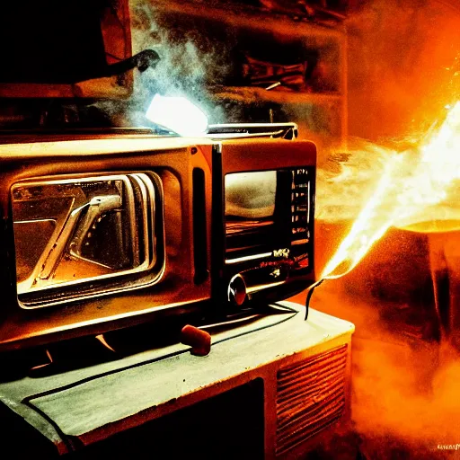 Image similar to cyborg toaster oven repairman, dark messy smoke - filled cluttered workshop, dark, dramatic lighting, orange tint, sparks, plasma rays, cinematic, highly detailed, sci - fi, futuristic, movie still