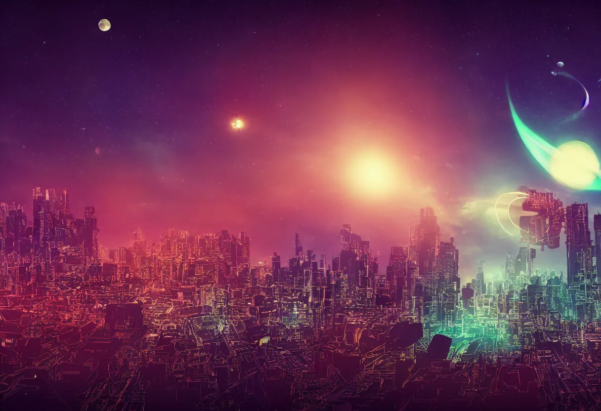 Prompt: a very wide shot of a silhouette watching a futuristic city and 2 planets colliding in the sky, night time, 2D 8bits graphic, degradation filter, high compression, low saturation, chromatic aberration, 2D