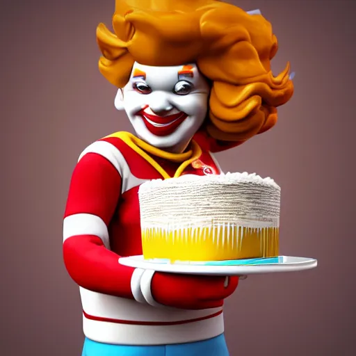 Image similar to Ronald Mcdonald with a birthday cake wearing a miami dolphins jersey, concept art, cgsociety, octane render, trending on artstation, unreal engine 8k,