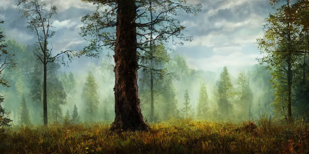 Image similar to Forest in the style of Roch Andreas, cinematic, 4k ,35mm, photorealism, clouds, painting