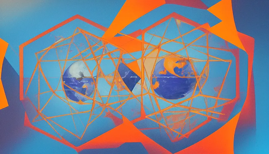 Image similar to hexagon between the sun and planet earth, trending on art station, art deco, retro futurism