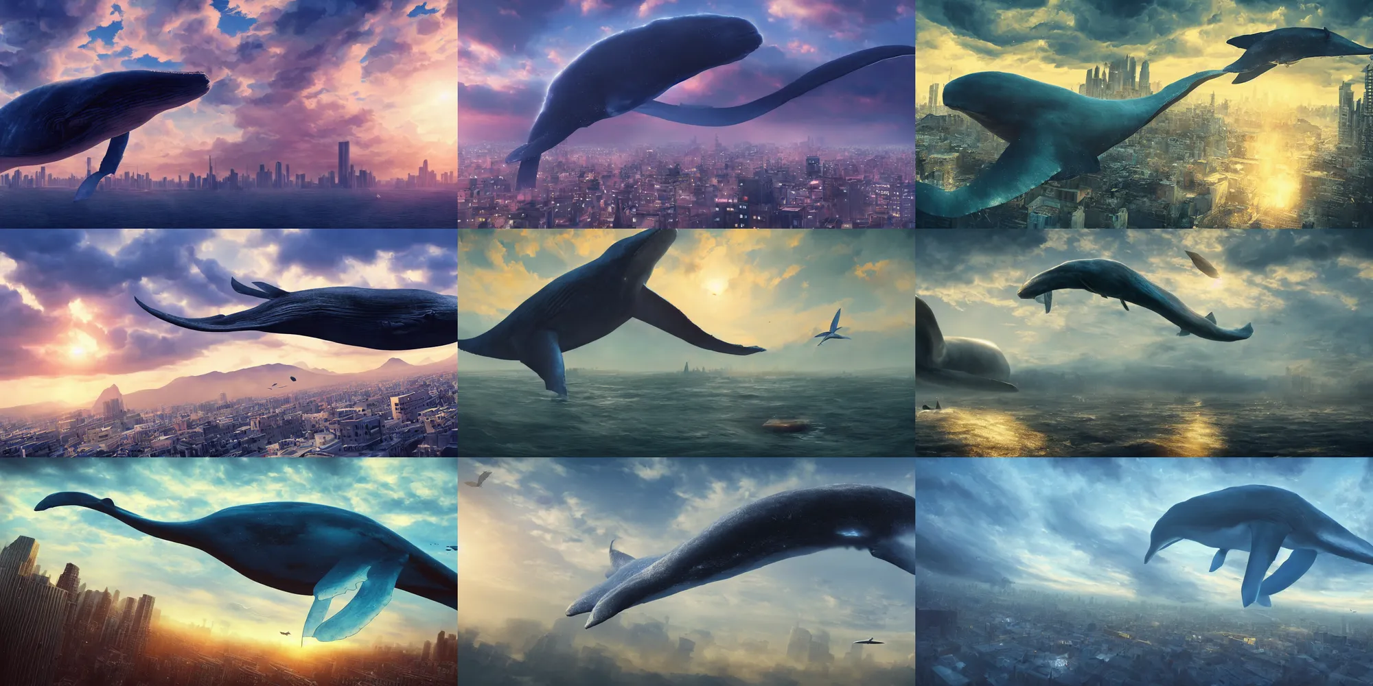 Image similar to a huge blue whale is flying above a city, epic, surreal, cinematic shot, golden hour, artstation, deviantart, dreamy atmosphere, high definition