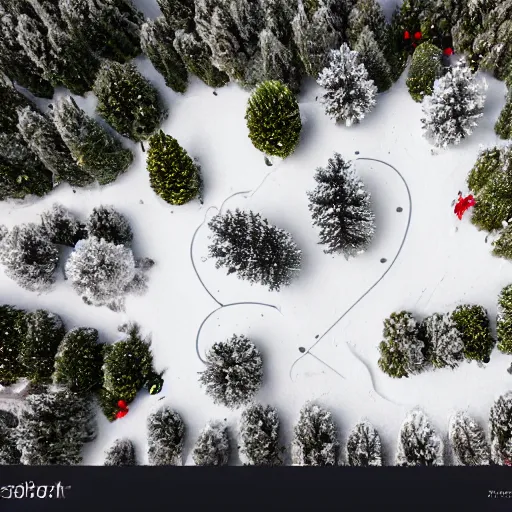 Image similar to orthographic aerial view of a christmas themed town, snow, pine trees, happy, cute, high detail, 8 k,