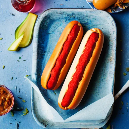 Prompt: food photography of blue hot dog