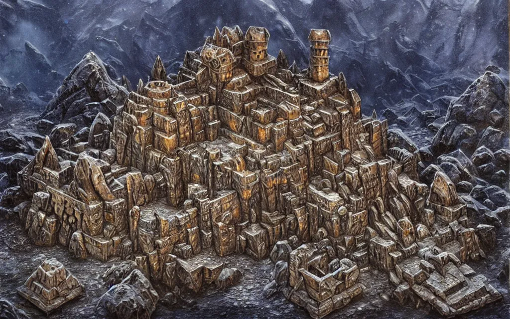 Image similar to a dwarven fortress that was chiseled out of a snowy mountain, matte oil painting, covered in runes, lava rivers, epic, medieval fantasy landscape, deep halls, torches, waterwheels, ornate jewels, trading depots, steel infrastructure, extremely detailed, sharp focus