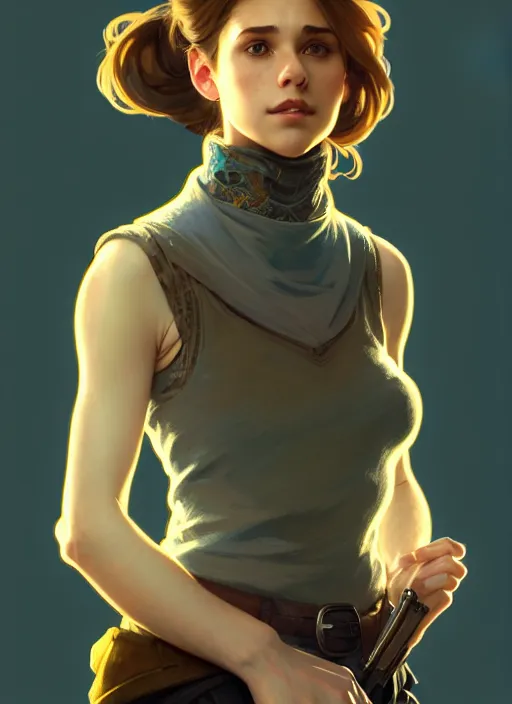 Image similar to portrait of a full body of beautiful young female detective, d & d, sleeveless turtleneck, fantasy, flat lighting, intricate, highly detailed, digital painting, artstation, concept art, smooth, sharp focus, illustration, art by simon bisley and greg rutkowski and alphonse mucha, natural tpose