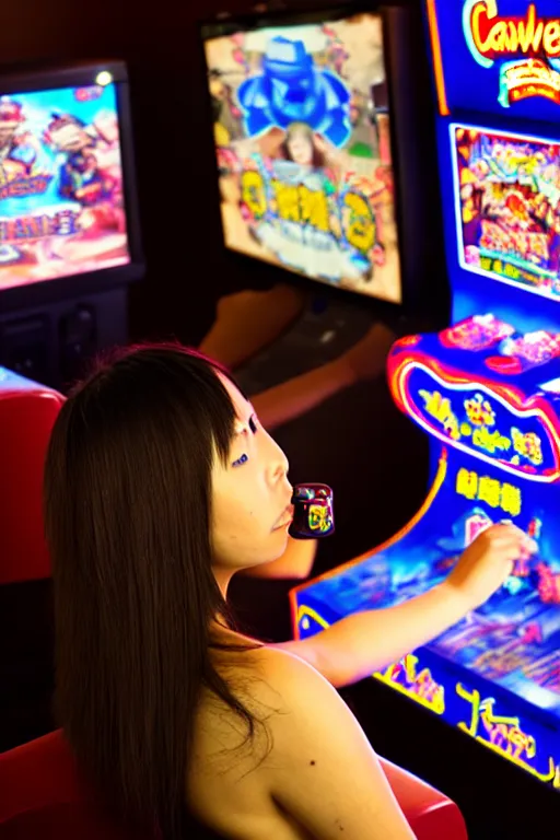 Prompt: full view, from a distance, of taiwanese girl with tattoos, wearing a cowboy hat, playing video games in arcade, highly detailed