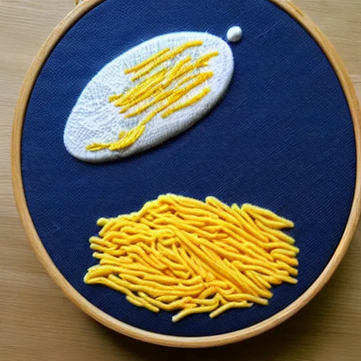 Image similar to a bowl of kraft dinner in space, embroidery, highly detailed