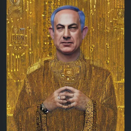 Prompt: a portrait of benjamin netanyahu wearing golden ornate robe, earings, necklace, jewels, by gustave klimt