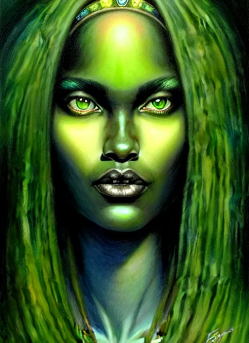 Prompt: stunning goddess of life portrait, dark skin and clear green eyes. realistic, symmetrical face. art by bowater charlie, mark brooks, julie bell, arian mark, tony sandoval