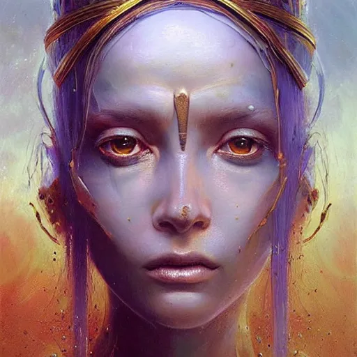 Prompt: a hyperrealistic acrylic on canvas portrait painting of a beautiful alien priestess by Greg Rutkowski, Artgerm and Beksinski. Epic fantasy art. Golden ratio.