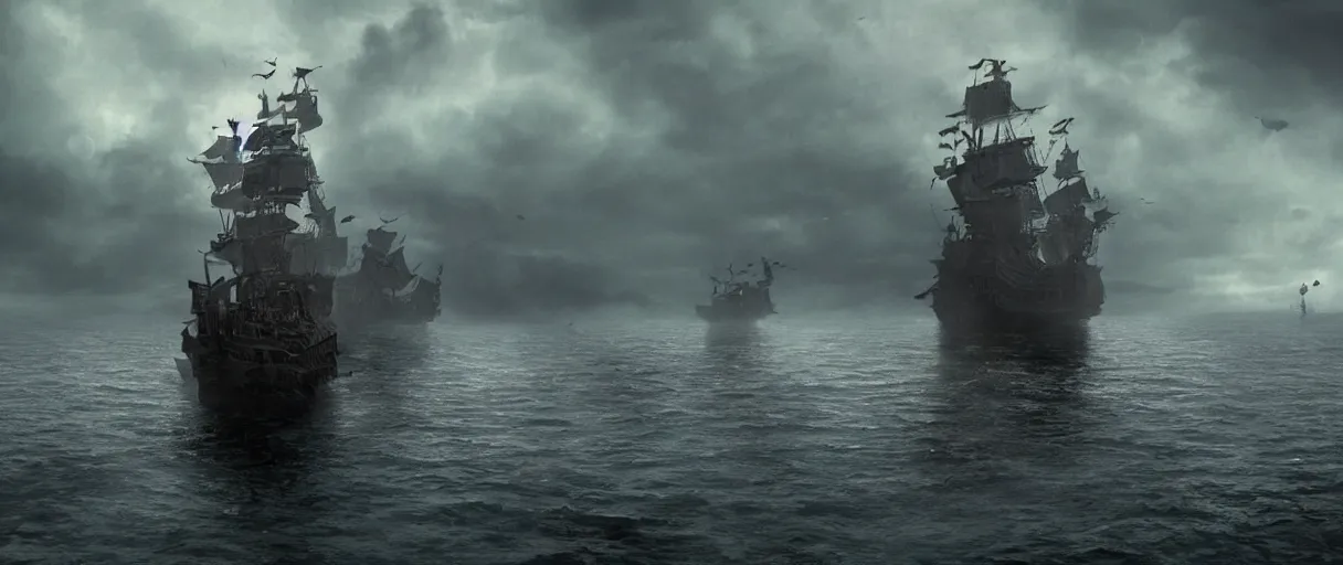 Image similar to a pirate standing on his ship a giant monster craft merging out of the water, beautiful dramatic moody lighting, cinematic atmosphere, high detail, 8k, ornate, dark fantasy, masterpiece, complex, film still from the movie directed by Denis Villeneuve with art direction by Gregory Crewdson, Joel Sternfeld