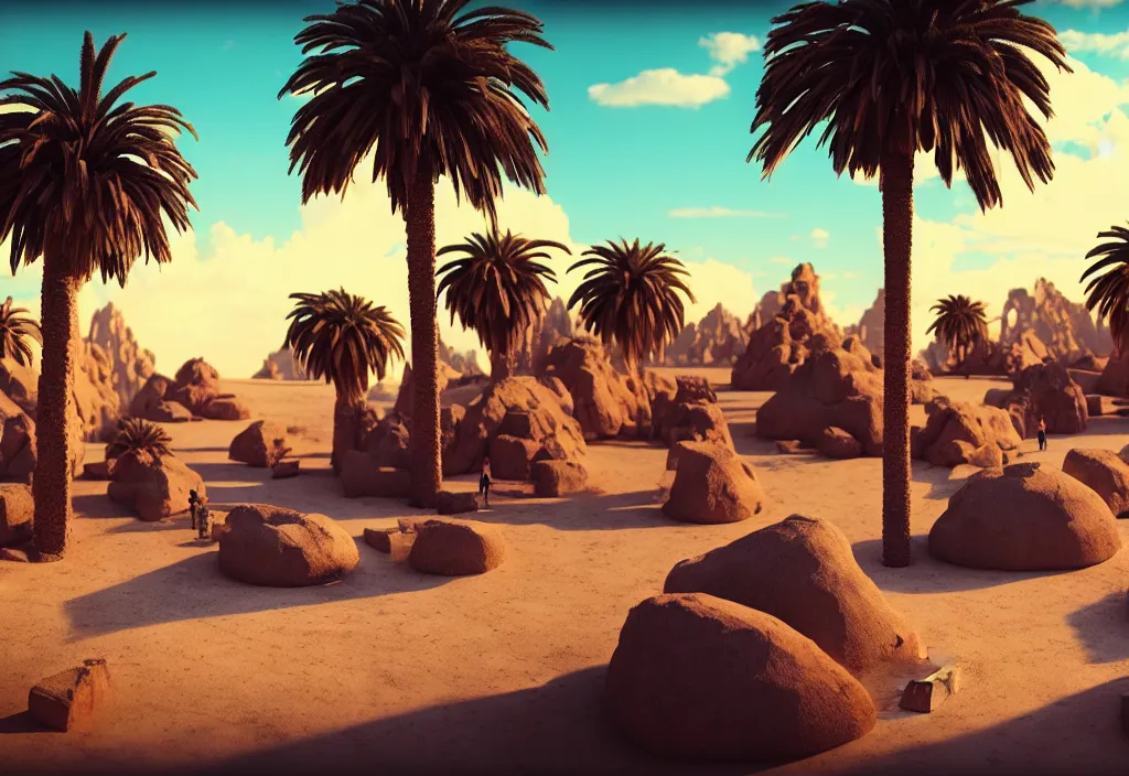 Image similar to futuristic village in a desert, painting, palm trees, octane render, 4 k, rocks, bondfire, anime sky