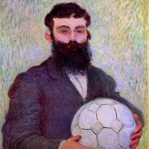 Image similar to monet painting of a bearded man with short hair, he is holding a soccer ball and a computer, highly detailed, realistic,