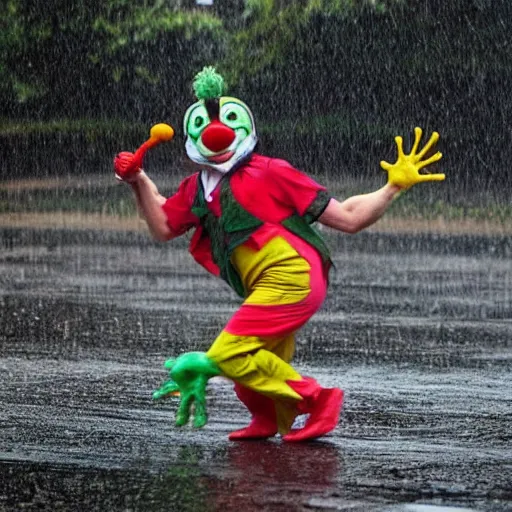 Image similar to clown dAncing with a frog in the rain