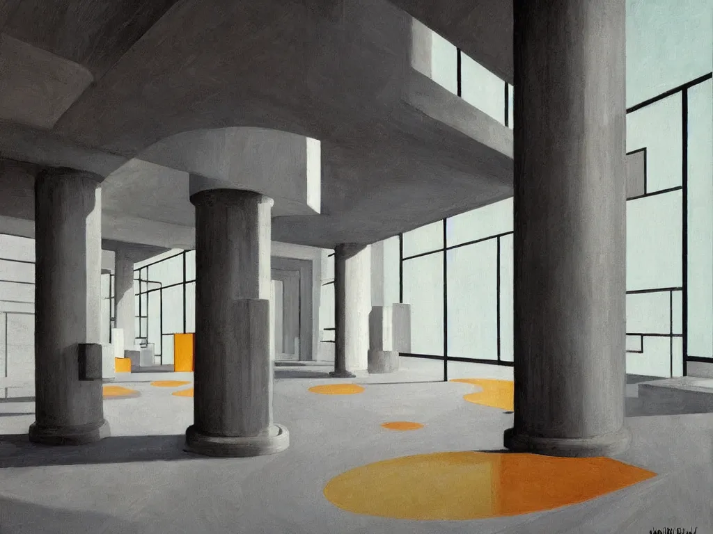 Prompt: colorful minimalist industrial interior massive hallway with monolithic pillars in the style of ridley scott and stanley kubrick, impossible stijl architecture, brutalist, ultra wide angle view, realistic detailed painting by edward hopper