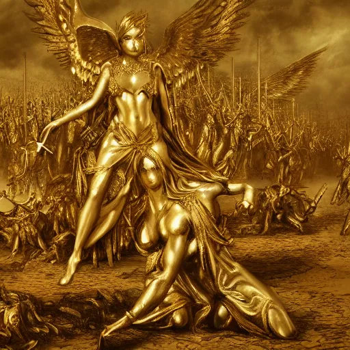 Image similar to fallen angels in golden armour ( gustav dore, artstation, deviantart )