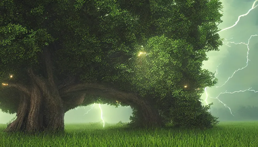 Prompt: Lightning strike a tree in a middle of a green field during a storm, hyperdetailed, artstation, cgsociety, 8k