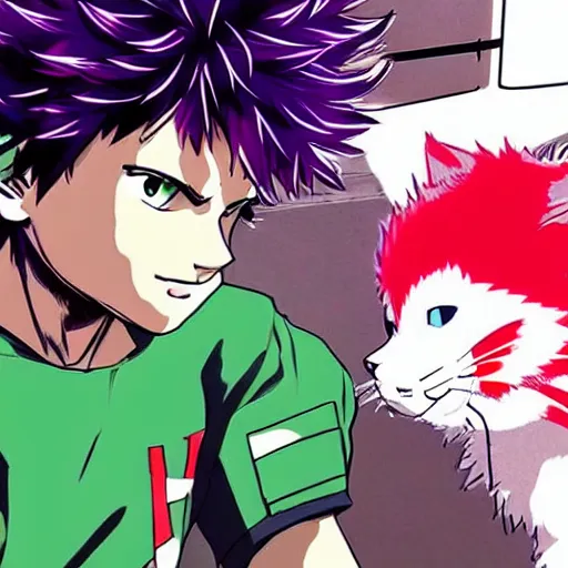 Prompt: Izuku Midoriya petting his cat, Yoji Shinkawa, Vaporwave