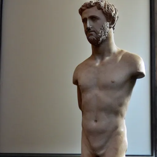 Image similar to an ancient greek clay statue of ryan gosling, the british museum