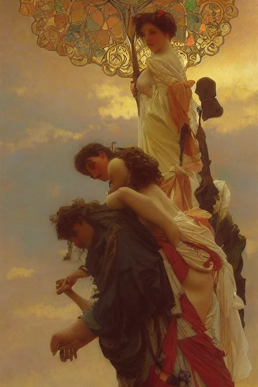 Image similar to nomans sky, Ilya repin, alphonse mucha, and Edmund Blair Leighton A meaningful painting in an symbolist style, oil on canvas, baroque, beautiful lighting, trending on Artstation, Highly detailed