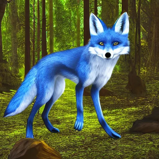 Prompt: A blue Fox in a lush forest, 8k, raytracing, hyper realistic, high detail,