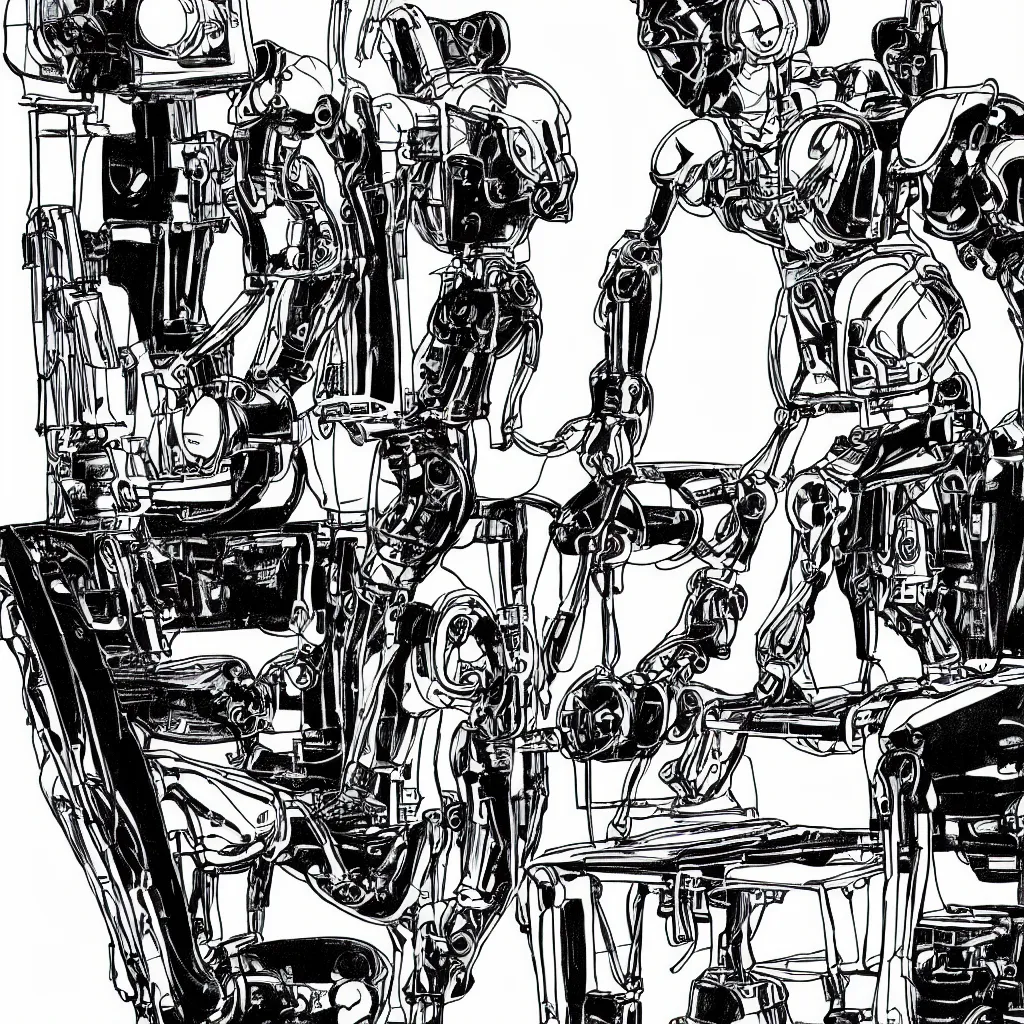 Prompt: a human like mechanical detailed robot sit on a chair while looks to a canary black and white comic book style