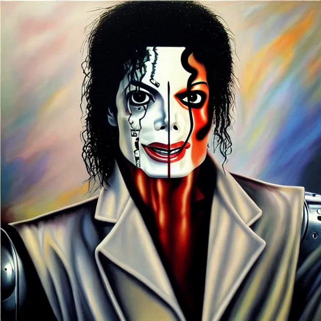 Prompt: a beautiful painting cyberpunk robot michael jackson bloody face, by salvador dali realistic oil painting