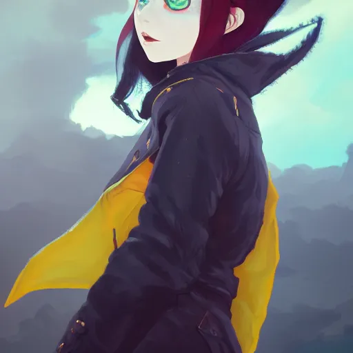 Image similar to a pale redheaded demoness with yellow eyes and horns wearing a jacket, highly detailed, digital painting, artstation, matte, by makoto shinkai, animation style