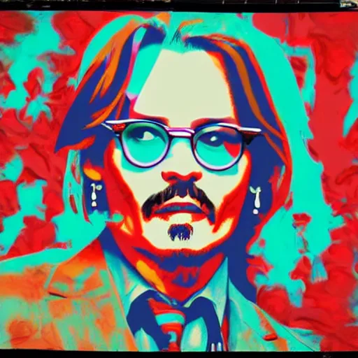 Prompt: johnny depp in a suit and tie with a creepy face, a screenprint by warhol, reddit contest winner, antipodeans, hellish, anaglyph filter, hellish background