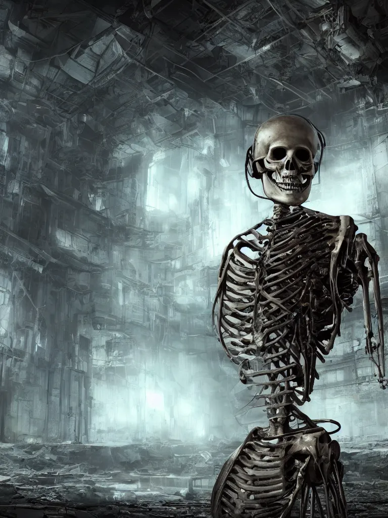 Prompt: portrait of a cyborg skeleton, standing in a hall of abandoned ancient megacomplex; hyperrealistic, 4K wallpaper, cinematic lighting, highly detailed and beautiful