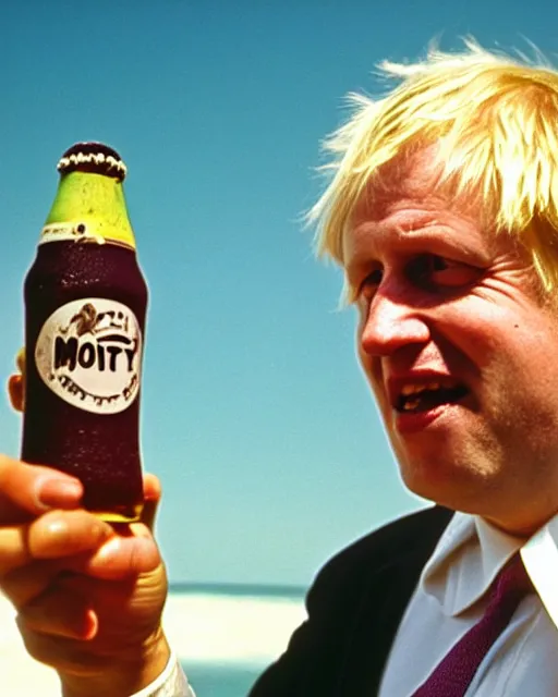 Image similar to film still close - up shot of boris johnson on the beach and drinking a beer with chocolate biscuits from the movie monty python's the meaning of life. photographic, photography