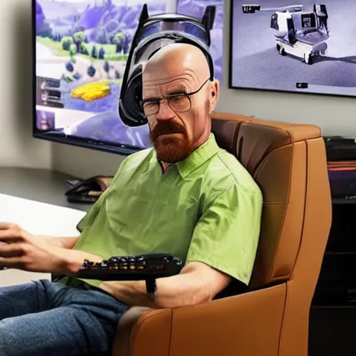 Image similar to realistic gamer walter white in real life on a gaming chair playing fortnite on his pc