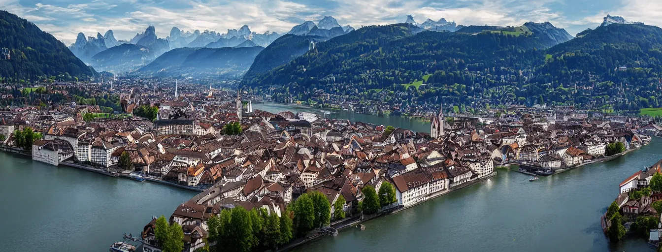 Image similar to Photo of Zurich, looking down the river at the lake and the alps, Hardturm, Grossmünster, wide angle, volumetric light, hyperdetailed, mountain water, artstation, cgsociety, 8k