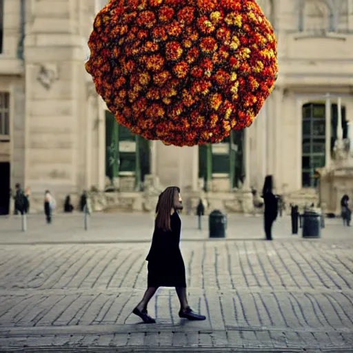 Image similar to giant flower head, woman walking in paris, surreal photography, symmetry, flat space, fanciful, stark colours, detailed, wes anderson