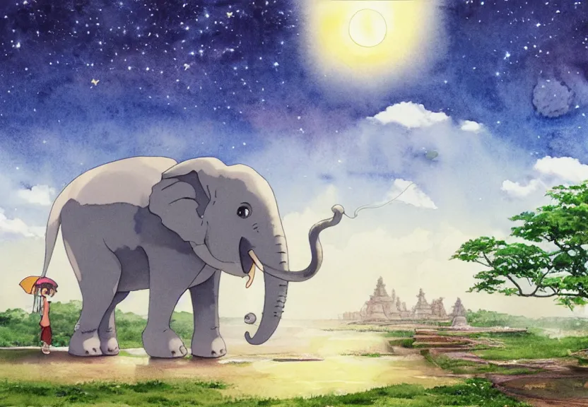 Image similar to a hyperrealist watercolor concept art from a studio ghibli film showing a giant grey dumbo the elephant. a hindu temple is under construction in the background in india on a misty and starry night. by studio ghibli. very dull muted colors