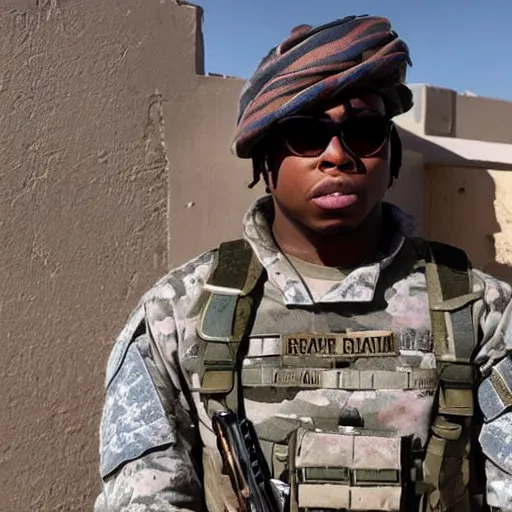 Image similar to the rapper gunna dressed in full combat gear serving in iraq, film grain, smiling