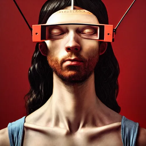 Image similar to Colour Caravaggio and Leonardo da Vinci style full body portrait Photography of Highly detailed Man with 1000 years old perfect face wearing highly detailed retrofuturistic VR headset designed by Josan Gonzalez. Many details In style of Josan Gonzalez and Mike Winkelmann and andgreg rutkowski and alphonse muchaand and Caspar David Friedrich and Stephen Hickman and James Gurney and Hiromasa Ogura. Rendered in Blender and Octane Render volumetric natural light