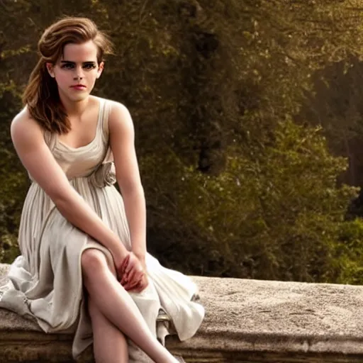 Prompt: Emma Watson wearing a classical dress, looking dreamily at the camera, setting in nature, outside, medium shot, highly detailed, sharp focus, cinematic lighting, HD, 8K, award winning photography