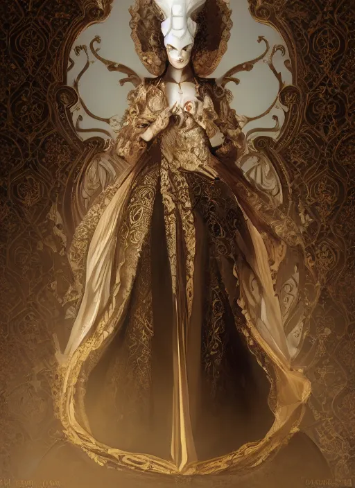 Prompt: hyper realistic photo of baroque oriental luxury fashion queen ghost full body, symmetric, rule of thirds, cinematic, artstation, cgsociety, greg rutkowski, james gurney brom