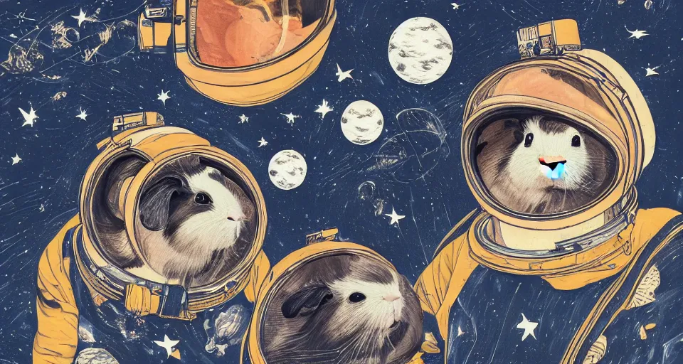 Image similar to guineapigs's portrait on the cover of vogue magazine flying in space suits, deep dark universe, twinkling and spiral nubela, warmhole, beautiful stars, 4 k, 8 k, by hokusai, samurai man vagabond, detailed, editorial illustration, matte print, concept art, ink style, sketch, digital 2 d