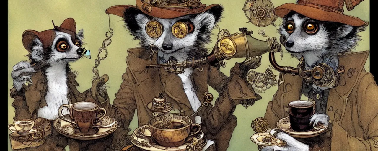 Image similar to an steampunk lemur having a cup of tea, muted colors, by rebecca guay, michael kaluta, charles vess and jean moebius giraud