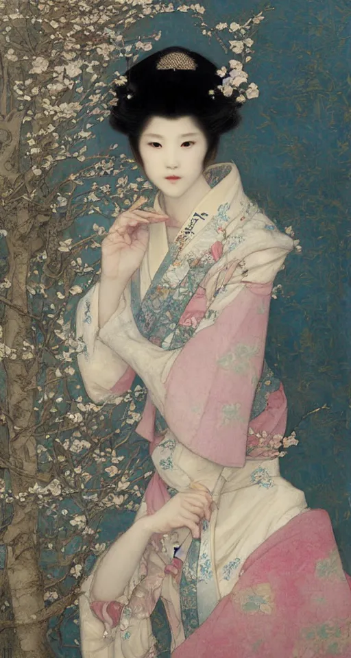 Prompt: a beautiful Japanese princess by Edgar Maxence and Ross Tran